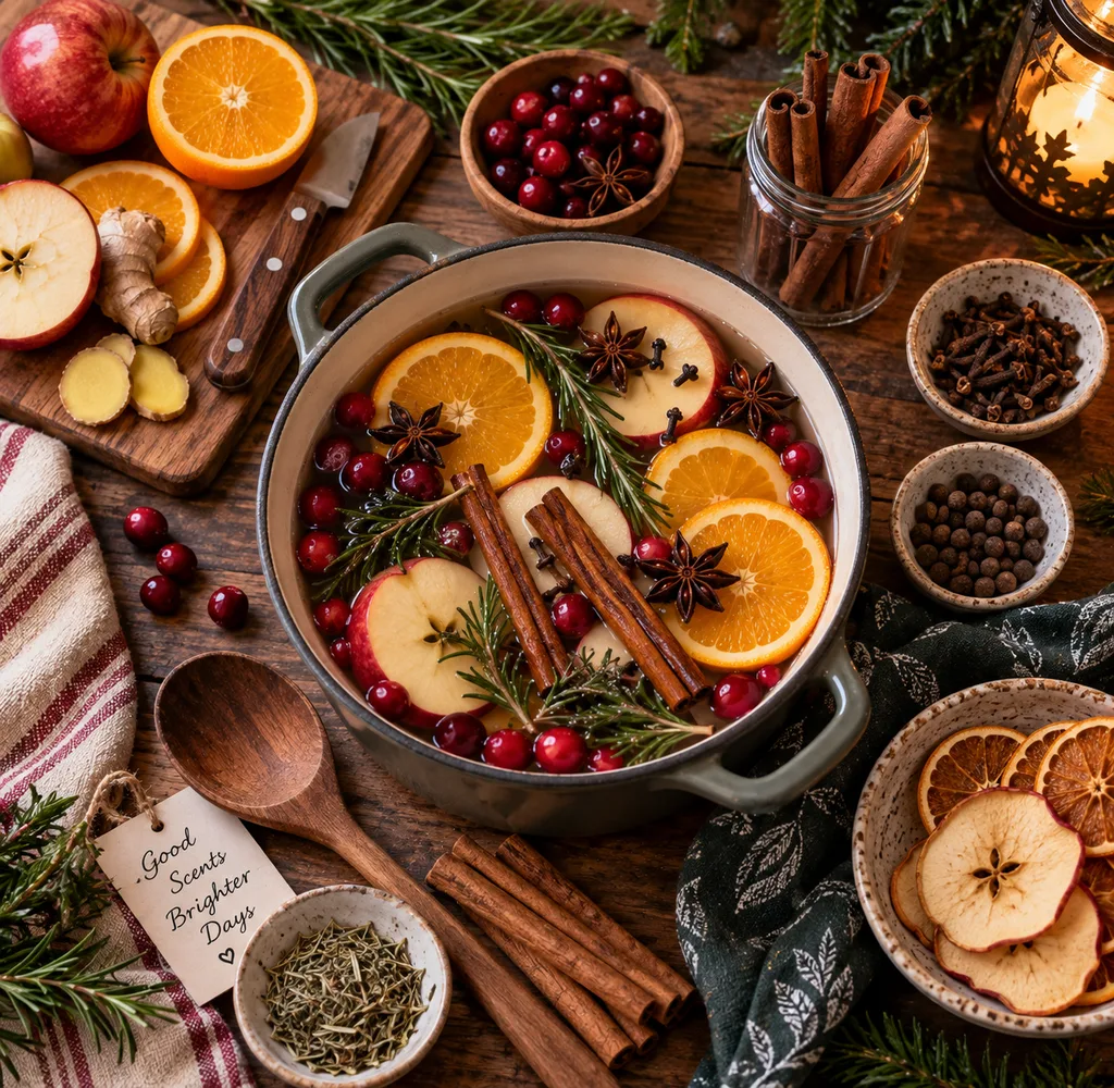 Overhead view of a simmer pot filled with orange and apple slices, cranberries, cinnamon sticks, star anise, cloves and fresh herbs surrounded by cozy fall and winter ingredients.