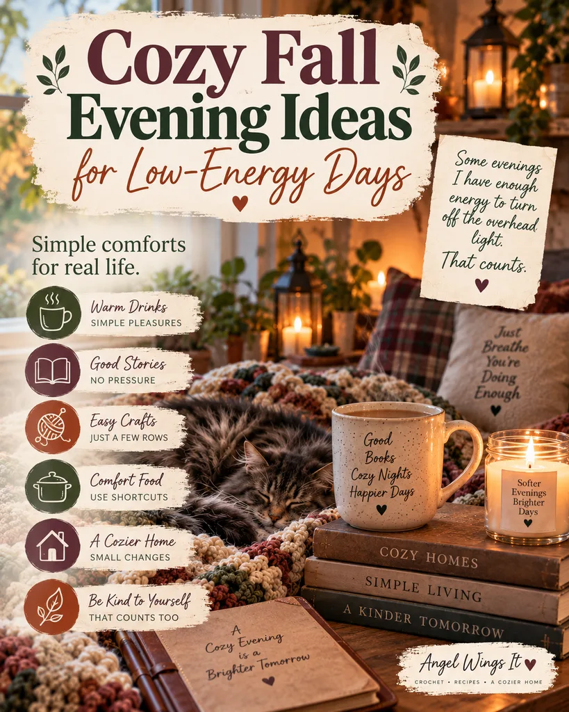 Cozy fall evening graphic with a sleeping cat, crocheted blanket, warm drink, books and candlelight, featuring low-energy ideas like warm drinks, good stories, easy crafts and comfort food.