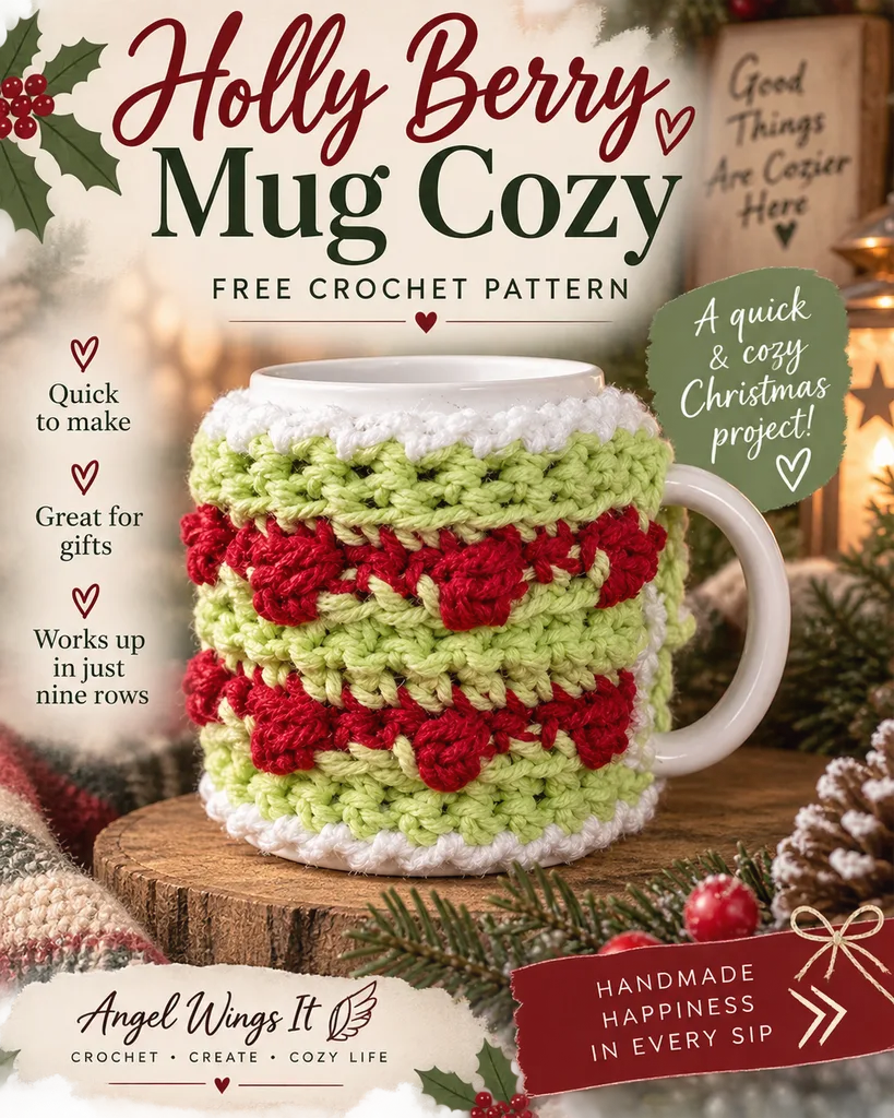 Holly Berry Mug Cozy crochet pattern featuring green textured stitches, raised red berries and white edging on a Christmas mug.