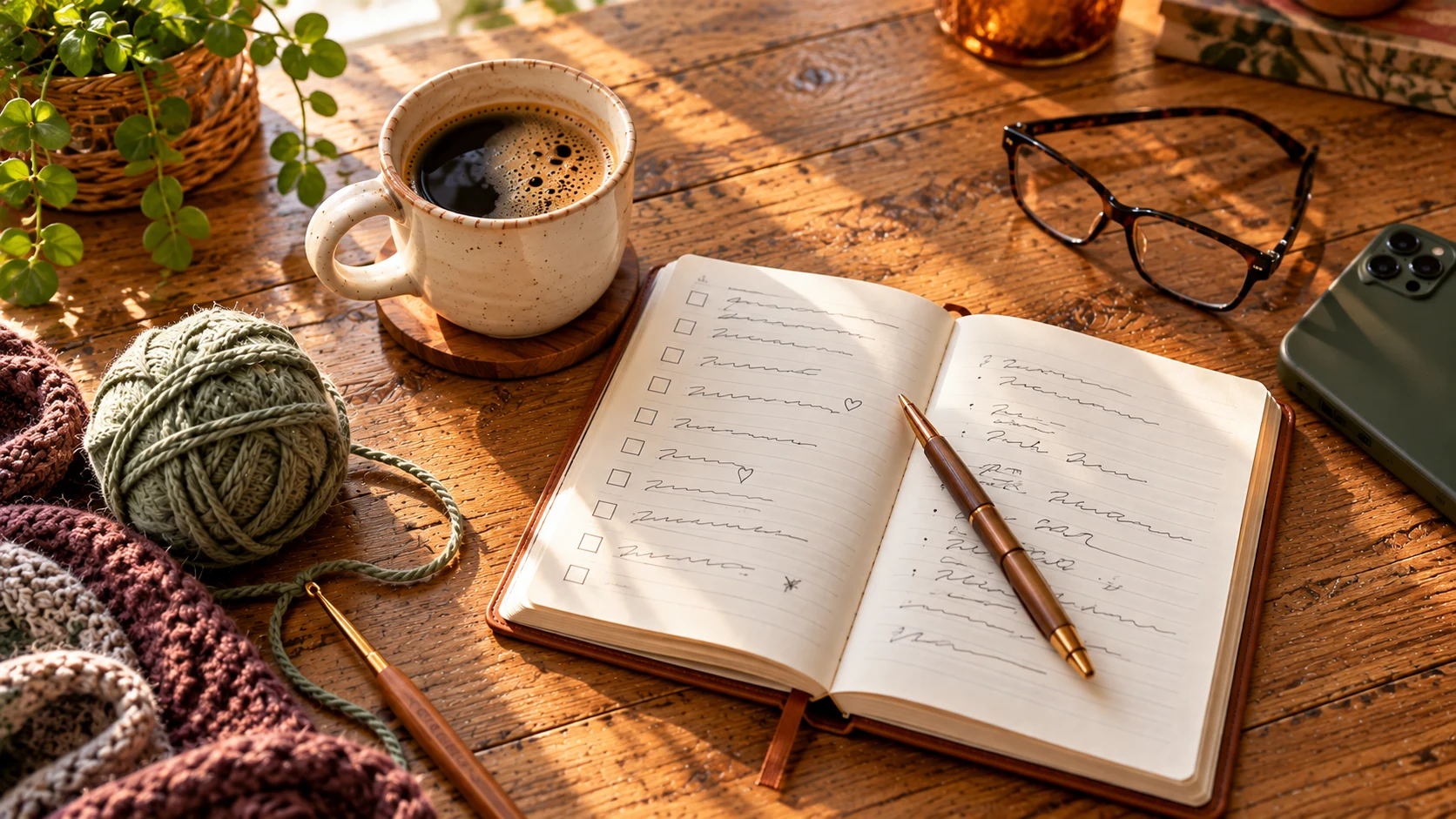 Coffee and an open shopping notebook on a warm wooden kitchen table, with yarn and a small model-building mat nearby.